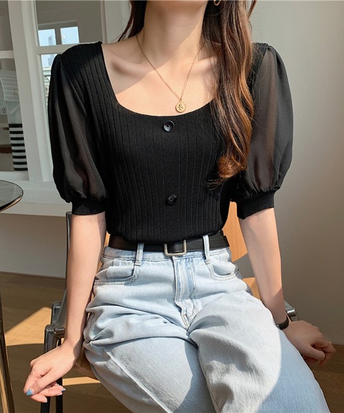 Lilamusant(リラミュゾン)の「★Lilamusant(リラミュゾン)★シアーパフスリーブスクエアネックリブトップス(Tシャツ/カットソー・レディース・ホワイト/ブラック/ピンク/グリーン/アイボリー・FREE)」の15枚目の写真