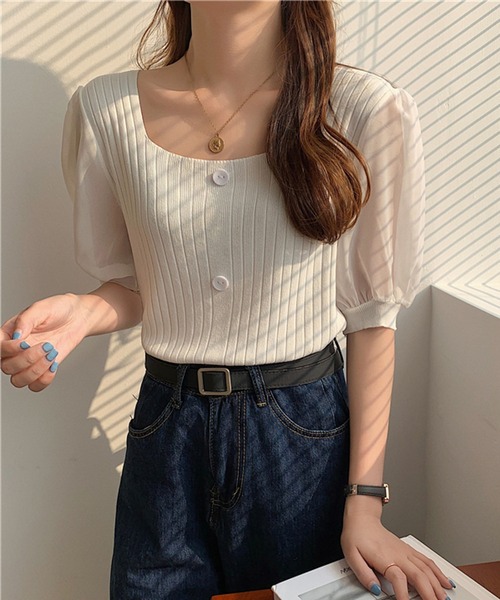 Lilamusant(リラミュゾン)の「★Lilamusant(リラミュゾン)★シアーパフスリーブスクエアネックリブトップス(Tシャツ/カットソー・レディース・ホワイト/ブラック/ピンク/グリーン/アイボリー・FREE)」の9枚目の写真