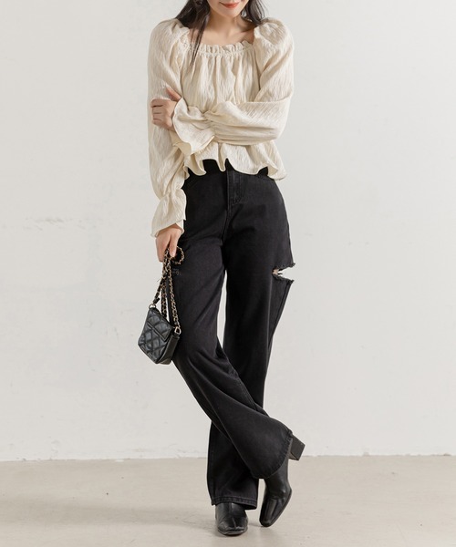 DAY CLOSET（デイ クローゼット）の「レディース 長袖2WAYシボ加工ペプラムオフショルブラウス（シャツ/ブラウス・レディース・ピンク/アイボリー・ONE SIZE）」の9枚目の写真