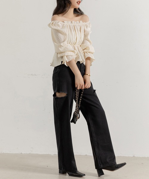 DAY CLOSET（デイ クローゼット）の「レディース 長袖2WAYシボ加工ペプラムオフショルブラウス（シャツ/ブラウス・レディース・ピンク/アイボリー・ONE SIZE）」の12枚目の写真