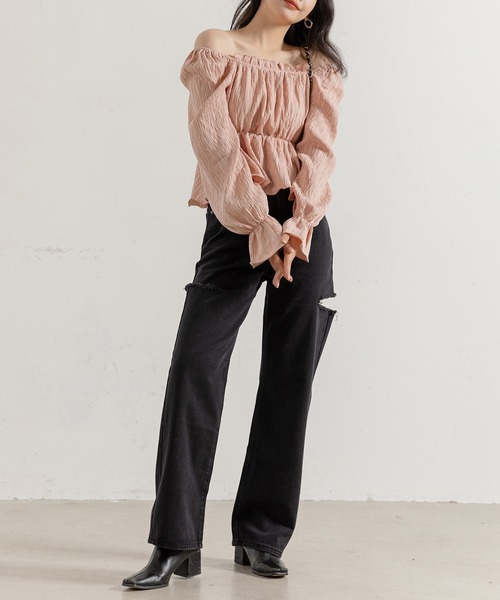 DAY CLOSET（デイ クローゼット）の「レディース 長袖2WAYシボ加工ペプラムオフショルブラウス（シャツ/ブラウス・レディース・ピンク/アイボリー・ONE SIZE）」の19枚目の写真