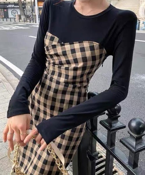urge：（アージコロン ）の「【URGE：】胸元切替え ブロックチェック ワンピース（ワンピース・レディース・ブラウン・LARGE/SMALL/MEDIUM/X-LARGE）」の3枚目の写真