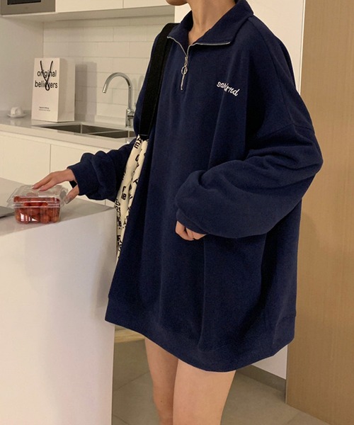 NinaetLina（ニナエリナ）の「フロントジップ裏起毛トレーナー（スウェット・レディース・オフホワイト/ネイビー/ピンク・FREE）」の6枚目の写真