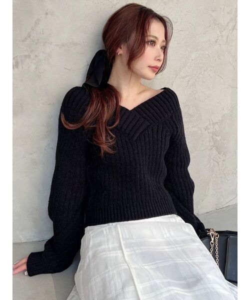 RESEXXY（リゼクシー）の「クロップドニット（ニット/セーター・レディース・アイボリー/ブラック/ピンク・FREE）」の4枚目の写真