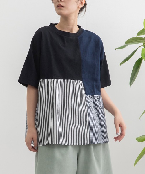 POU DOU DOU（プードゥドゥ）の「パッチワークギャザートップス（Tシャツ/カットソー・レディース・ブラック/オフホワイト・3）」の2枚目の写真