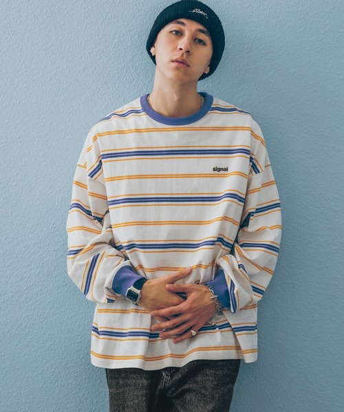 SIGNAL SPORTS（シグナルスポーツ）の「【SIGNAL SPORTS】16/1ボーダークルーネック/ビッグシルエットロンT（Tシャツ/カットソー・メンズ・パープル/イエロー/ホワイト系その他/ブラック・MEDIUM/LARGE）」の2枚目の写真