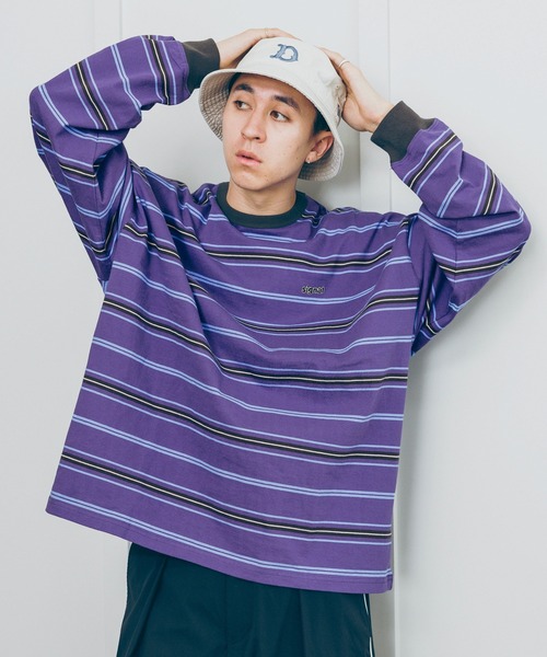 SIGNAL SPORTS（シグナルスポーツ）の「【SIGNAL SPORTS】16/1ボーダークルーネック/ビッグシルエットロンT（Tシャツ/カットソー・メンズ・パープル/イエロー/ホワイト系その他/ブラック・MEDIUM/LARGE）」の3枚目の写真