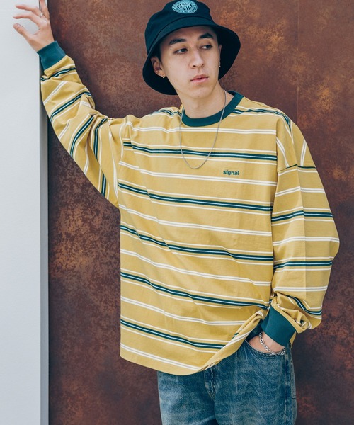 SIGNAL SPORTS（シグナルスポーツ）の「【SIGNAL SPORTS】16/1ボーダークルーネック/ビッグシルエットロンT（Tシャツ/カットソー・メンズ・パープル/イエロー/ホワイト系その他/ブラック・MEDIUM/LARGE）」の4枚目の写真