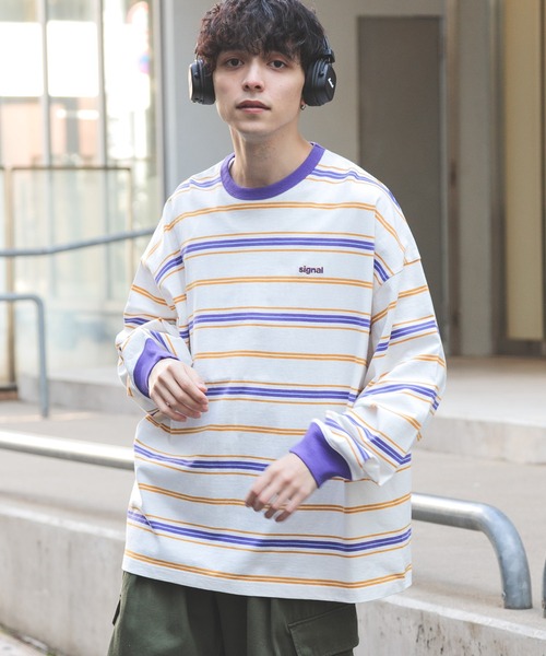 SIGNAL SPORTS（シグナルスポーツ）の「【SIGNAL SPORTS】16/1ボーダークルーネック/ビッグシルエットロンT（Tシャツ/カットソー・メンズ・パープル/イエロー/ホワイト系その他/ブラック・MEDIUM/LARGE）」の21枚目の写真