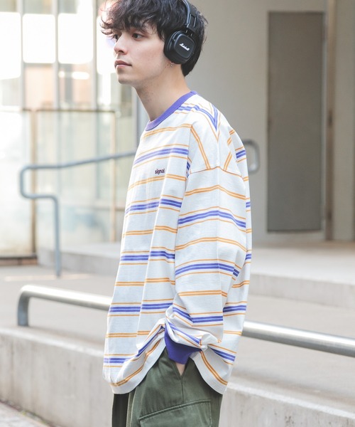 SIGNAL SPORTS（シグナルスポーツ）の「【SIGNAL SPORTS】16/1ボーダークルーネック/ビッグシルエットロンT（Tシャツ/カットソー・メンズ・パープル/イエロー/ホワイト系その他/ブラック・MEDIUM/LARGE）」の20枚目の写真