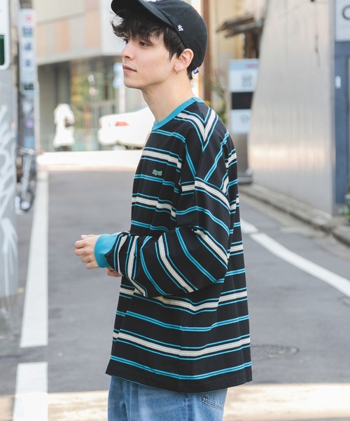 SIGNAL SPORTS（シグナルスポーツ）の「【SIGNAL SPORTS】16/1ボーダークルーネック/ビッグシルエットロンT（Tシャツ/カットソー・メンズ・パープル/イエロー/ホワイト系その他/ブラック・MEDIUM/LARGE）」の16枚目の写真