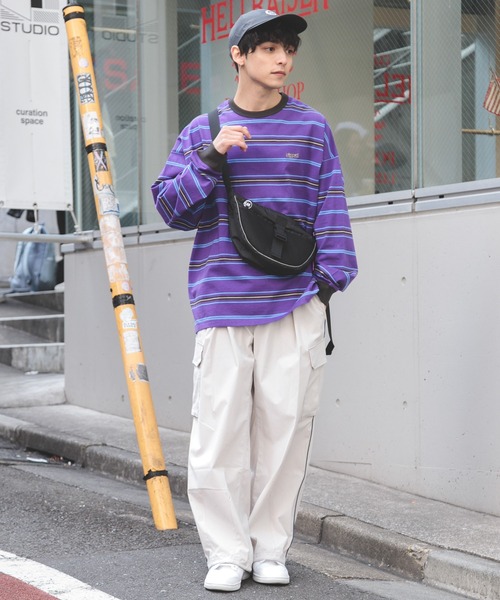 SIGNAL SPORTS（シグナルスポーツ）の「【SIGNAL SPORTS】16/1ボーダークルーネック/ビッグシルエットロンT（Tシャツ/カットソー・メンズ・パープル/イエロー/ホワイト系その他/ブラック・MEDIUM/LARGE）」の5枚目の写真