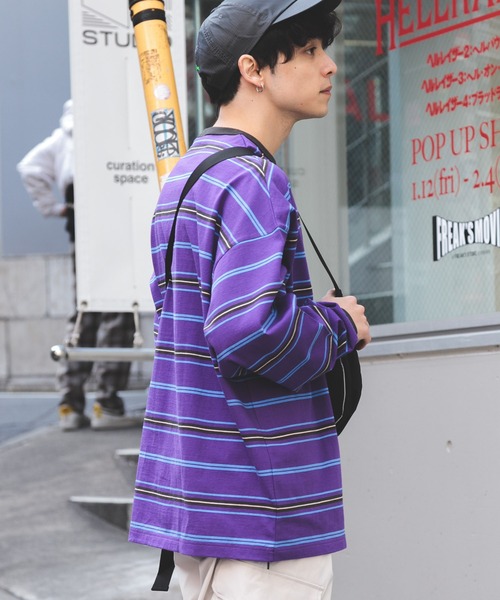 SIGNAL SPORTS（シグナルスポーツ）の「【SIGNAL SPORTS】16/1ボーダークルーネック/ビッグシルエットロンT（Tシャツ/カットソー・メンズ・パープル/イエロー/ホワイト系その他/ブラック・MEDIUM/LARGE）」の7枚目の写真