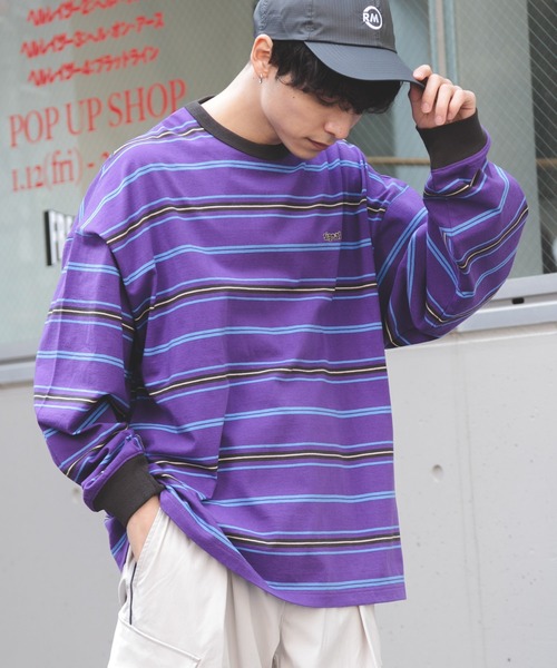 SIGNAL SPORTS（シグナルスポーツ）の「【SIGNAL SPORTS】16/1ボーダークルーネック/ビッグシルエットロンT（Tシャツ/カットソー・メンズ・パープル/イエロー/ホワイト系その他/ブラック・MEDIUM/LARGE）」の6枚目の写真