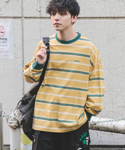 SIGNAL SPORTS（シグナルスポーツ）の「【SIGNAL SPORTS】16/1ボーダークルーネック/ビッグシルエットロンT（Tシャツ/カットソー・メンズ・パープル/イエロー/ホワイト系その他/ブラック・MEDIUM/LARGE）」の13枚目の写真