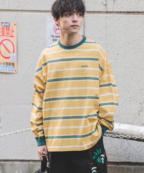 SIGNAL SPORTS（シグナルスポーツ）の「【SIGNAL SPORTS】16/1ボーダークルーネック/ビッグシルエットロンT（Tシャツ/カットソー・メンズ・パープル/イエロー/ホワイト系その他/ブラック・MEDIUM/LARGE）」の12枚目の写真