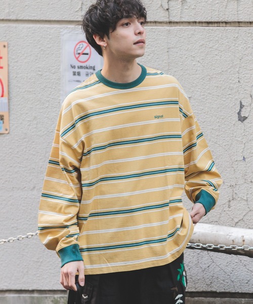 SIGNAL SPORTS（シグナルスポーツ）の「【SIGNAL SPORTS】16/1ボーダークルーネック/ビッグシルエットロンT（Tシャツ/カットソー・メンズ・パープル/イエロー/ホワイト系その他/ブラック・MEDIUM/LARGE）」の11枚目の写真