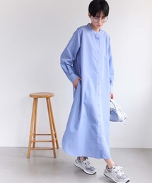 シャツワンピース ノーカラー ロングシャツワンピース」に該当