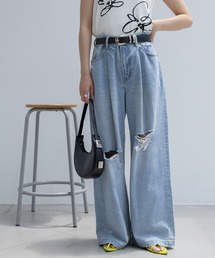 RAGEBLUE | 2size展開/フラワー刺繍アソートダメージタックワイドデニム(デニムパンツ)