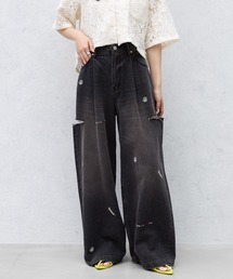 RAGEBLUE | 2size展開/フラワー刺繍アソートダメージタックワイドデニム(デニムパンツ)