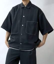 oversize stitching shirt/オーバーサイズ ステッチング シャツ/ストレッチ レギュラーカラー半袖シャツ