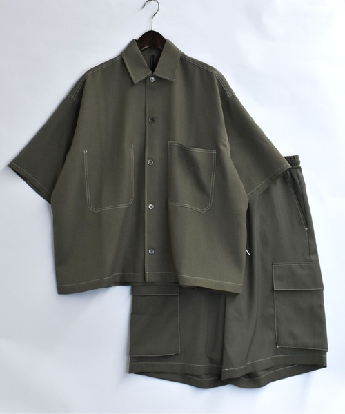 Starting Over（スターティングオーバー）の「oversize stitching shirt/オーバーサイズ ステッチング シャツ/ストレッチ レギュラーカラー半袖シャツ（シャツ/ブラウス・メンズ・カーキ/ブラック/グレー・M/L/XL）」の14枚目の写真