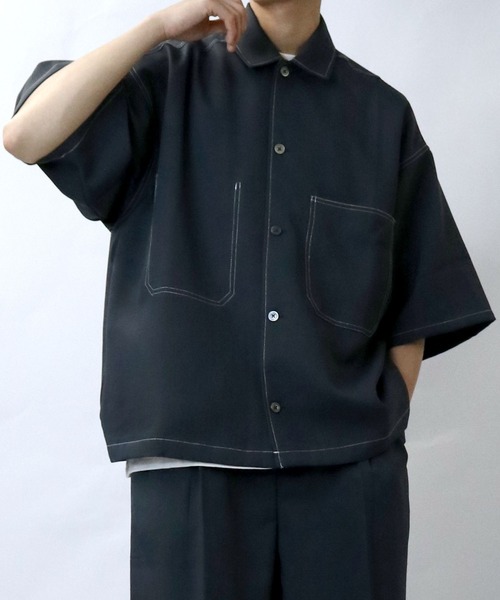 Starting Over（スターティングオーバー）の「oversize stitching shirt/オーバーサイズ ステッチング シャツ/ストレッチ レギュラーカラー半袖シャツ（シャツ/ブラウス・メンズ・カーキ/ブラック/グレー・M/L/XL）」の16枚目の写真