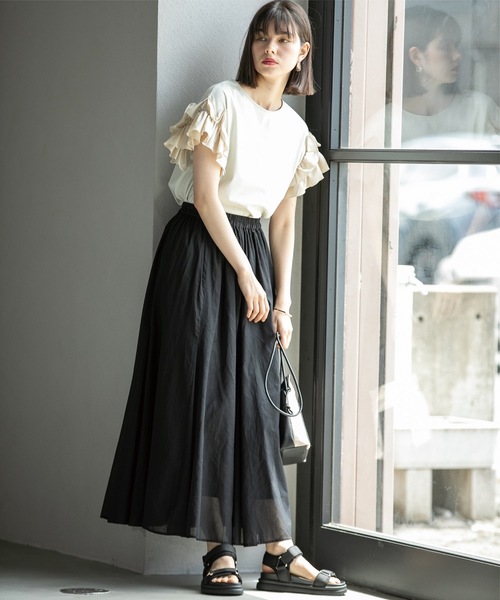 OPAQUE.CLIP（オペークドットクリップ）の「◆ロングフレアスカート オーガニックコットン混【洗濯機洗い可】（スカート・レディース・ブラック/パープル/グリーン系その他2/ホワイト系8・38/40/42）」の6枚目の写真