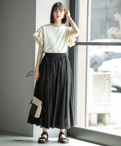 OPAQUE.CLIP（オペークドットクリップ）の「◆ロングフレアスカート オーガニックコットン混【洗濯機洗い可】（スカート・レディース・ブラック/パープル/グリーン系その他2/ホワイト系8・38/40/42）」の7枚目の写真