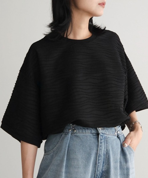 Petit fleur（プチフルール）の「・Petit　Fleur　ウェーブカットオーバーTEE（Tシャツ/カットソー・レディース・ブラック/オフホワイト/ブルー・FREE）」の3枚目の写真