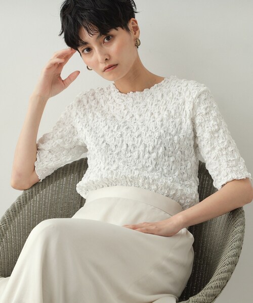 OPAQUE.CLIP(オペークドットクリップ)の「◆シャーリングレース5分袖カットソー【洗濯機洗い可】(Tシャツ/カットソー・レディース・ホワイト/ブラック/チャコールグレー・00)」の1枚目の写真
