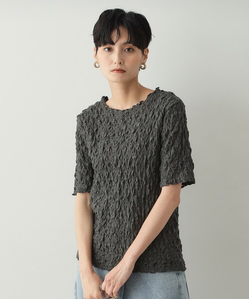 OPAQUE.CLIP(オペークドットクリップ)の「◆シャーリングレース5分袖カットソー【洗濯機洗い可】(Tシャツ/カットソー・レディース・ホワイト/ブラック/チャコールグレー・00)」の3枚目の写真