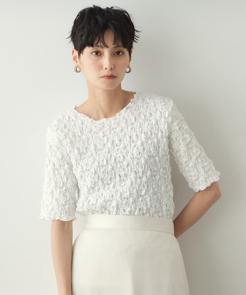 OPAQUE.CLIP(オペークドットクリップ)の「◆シャーリングレース5分袖カットソー【洗濯機洗い可】(Tシャツ/カットソー・レディース・ホワイト/ブラック/チャコールグレー・00)」の4枚目の写真