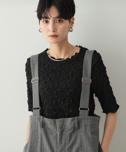OPAQUE.CLIP(オペークドットクリップ)の「◆シャーリングレース5分袖カットソー【洗濯機洗い可】(Tシャツ/カットソー・レディース・ホワイト/ブラック/チャコールグレー・00)」の8枚目の写真