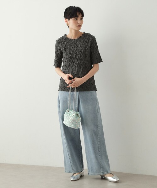 OPAQUE.CLIP(オペークドットクリップ)の「◆シャーリングレース5分袖カットソー【洗濯機洗い可】(Tシャツ/カットソー・レディース・ホワイト/ブラック/チャコールグレー・00)」の13枚目の写真