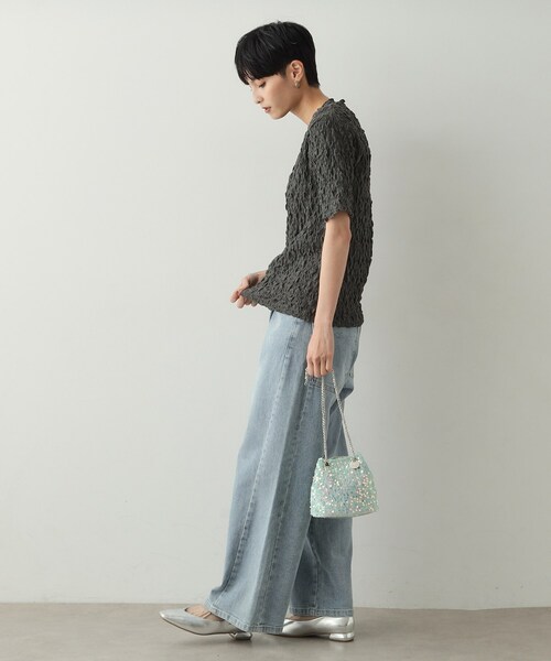 OPAQUE.CLIP(オペークドットクリップ)の「◆シャーリングレース5分袖カットソー【洗濯機洗い可】(Tシャツ/カットソー・レディース・ホワイト/ブラック/チャコールグレー・00)」の14枚目の写真