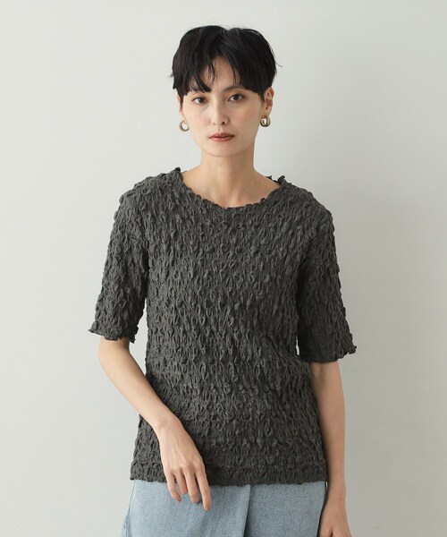 OPAQUE.CLIP(オペークドットクリップ)の「◆シャーリングレース5分袖カットソー【洗濯機洗い可】(Tシャツ/カットソー・レディース・ホワイト/ブラック/チャコールグレー・00)」の16枚目の写真