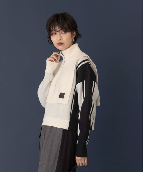 Eimee Law（エイミーロウ）の「ハーフZIPレイヤードランダムストライプニット（ニット/セーター・レディース・チャコールグレー/ブラック/アイボリー/グレー・FREE）」の8枚目の写真