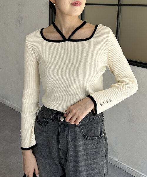 Thevon（ゼボン）の「バイカラーホルターネックリブニット（ニット/セーター・レディース・モカ/アイボリー/ブラック/チャコールグレー・FREE）」の18枚目の写真