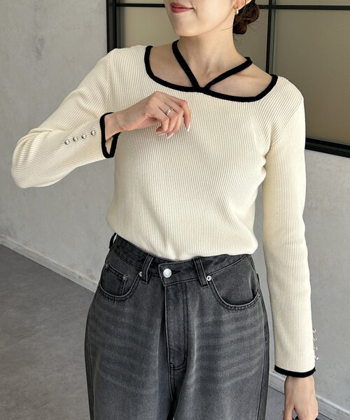 Thevon（ゼボン）の「バイカラーホルターネックリブニット（ニット/セーター・レディース・モカ/アイボリー/ブラック/チャコールグレー・FREE）」の19枚目の写真