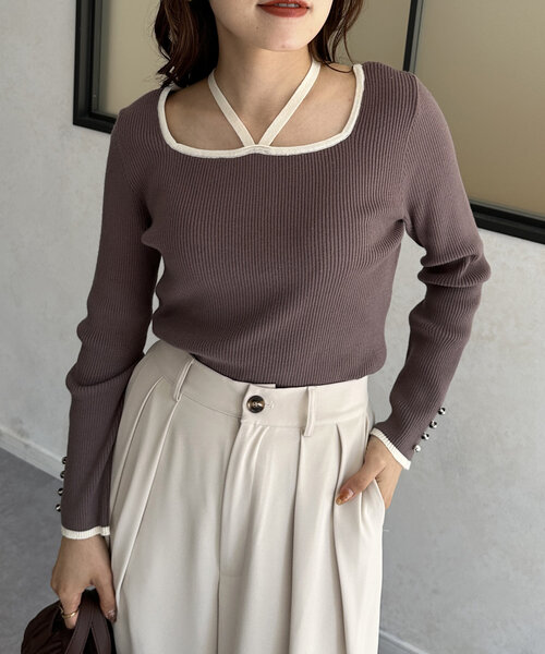 Thevon（ゼボン）の「バイカラーホルターネックリブニット（ニット/セーター・レディース・モカ/アイボリー/ブラック/チャコールグレー・FREE）」の11枚目の写真