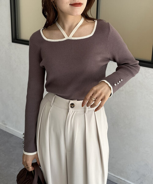 Thevon（ゼボン）の「バイカラーホルターネックリブニット（ニット/セーター・レディース・モカ/アイボリー/ブラック/チャコールグレー・FREE）」の15枚目の写真