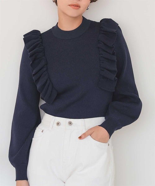 45RPM フリルニット ネイビー セール】デザインフリルニット（ニット/セーター）｜titivate