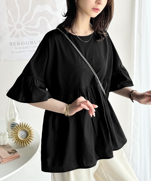 classicalelf(クラシカルエルフ)の「Tシャツより上品に、ブラウスより気軽に。体型カバー♪綿100%前後2WAYシルケット加工布帛コンビリボンペプラムオーバーサイズトップス(半袖)(Tシャツ/カットソー・レディース・ブラック/アイボリー/グレイッシュベージュ・LARGE/MEDIUM/SMALL/X-LARGE)」の6枚目の写真