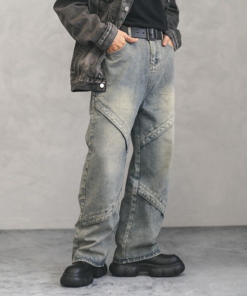 Shoowtime(ショウタイム)の「vintage washed knees switching denim pants / ビンテージウォッシュニースイッチデニムパンツ(デニムパンツ・メンズ・ブラック系/ブルー系・MEDIUM/X-LARGE/LARGE)」の2枚目の写真