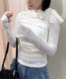 レースフレンチスリムボウタイトップス