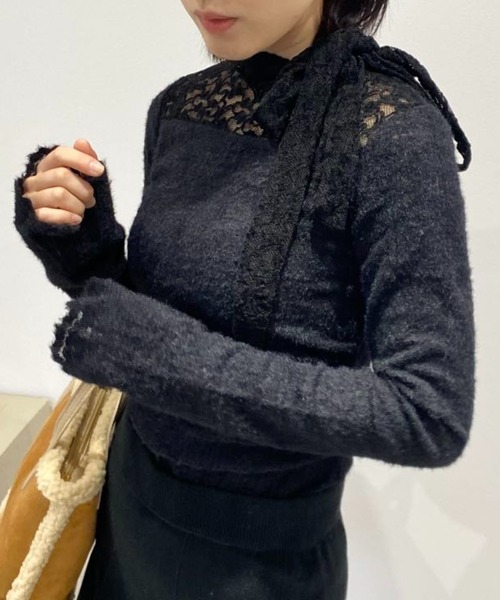 mebole(メボレ)の「レースフレンチスリムボウタイトップス(Tシャツ/カットソー・レディース・アイボリー/ブラック・FREE)」の1枚目の写真