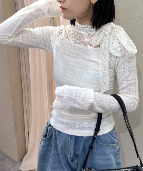 mebole(メボレ)の「レースフレンチスリムボウタイトップス(Tシャツ/カットソー・レディース・アイボリー/ブラック・FREE)」の13枚目の写真