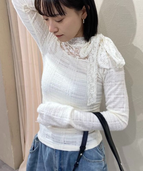 mebole(メボレ)の「レースフレンチスリムボウタイトップス(Tシャツ/カットソー・レディース・アイボリー/ブラック・FREE)」の14枚目の写真