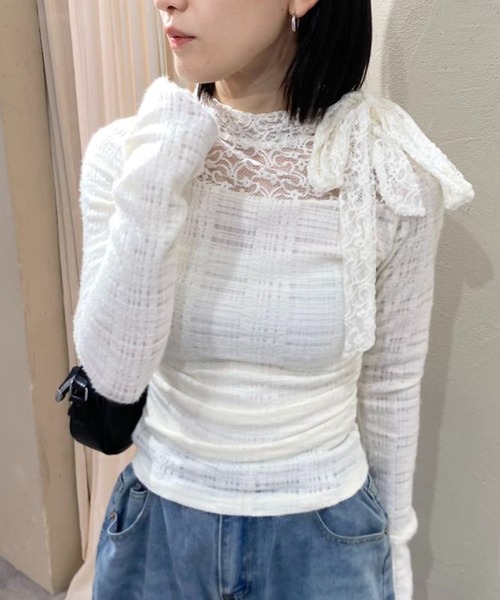 mebole(メボレ)の「レースフレンチスリムボウタイトップス(Tシャツ/カットソー・レディース・アイボリー/ブラック・FREE)」の15枚目の写真